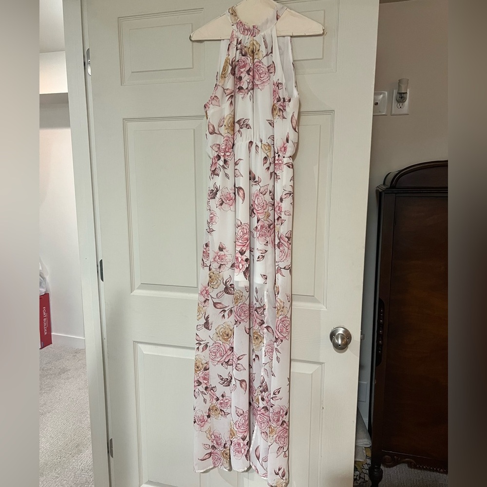 Staccato Rose Print Maxi Dress - Pink and Cream
